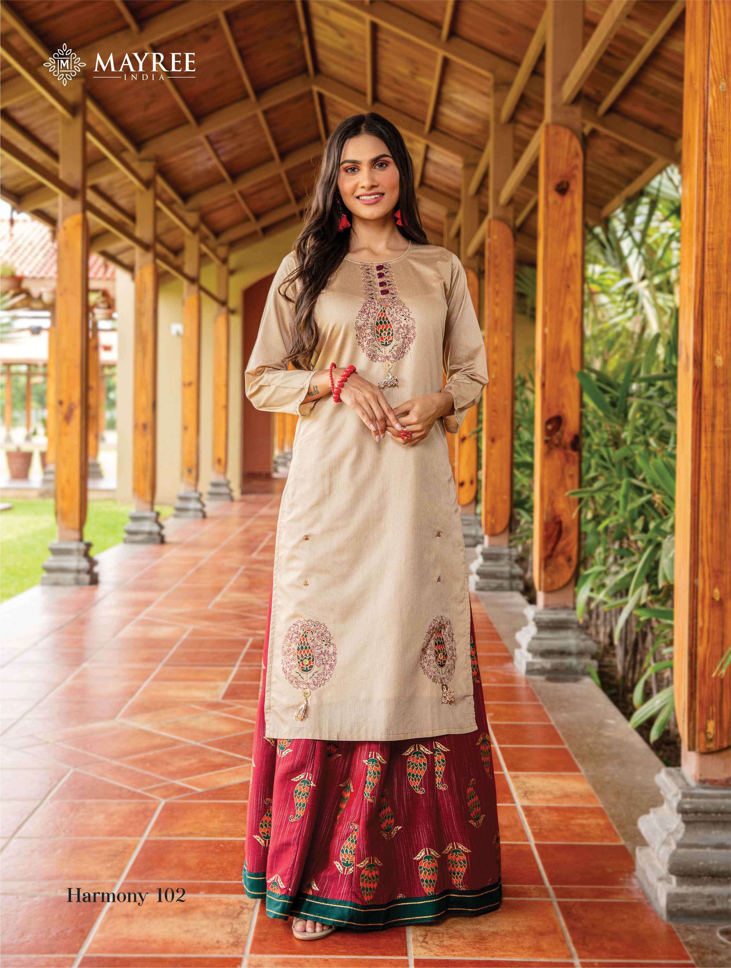 HARMONY BY MAYREE 101 TO 106 SERIES DESIGNER STYLISH FANCY COLORFUL BEAUTIFUL PARTY WEAR & ETHNIC WEAR COLLECTION MUSLIN PRINT KURTIS WITH BOTTOM AT WHOLESALE PRICE