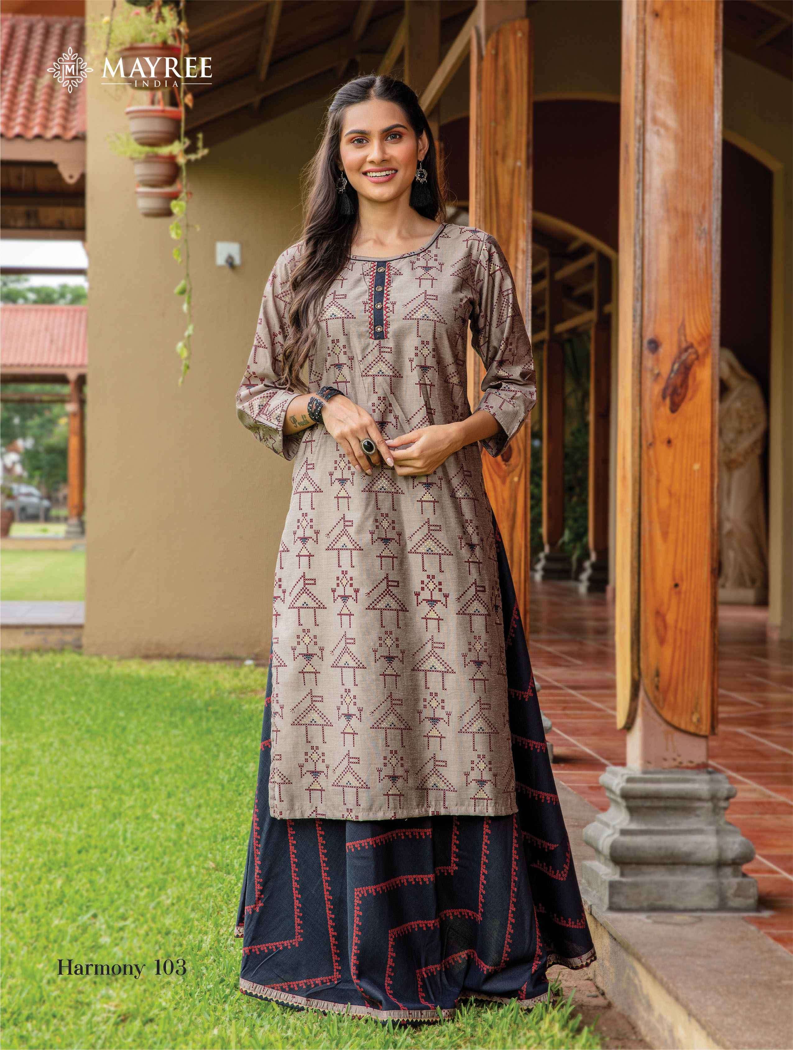 HARMONY BY MAYREE 101 TO 106 SERIES DESIGNER STYLISH FANCY COLORFUL BEAUTIFUL PARTY WEAR & ETHNIC WEAR COLLECTION MUSLIN PRINT KURTIS WITH BOTTOM AT WHOLESALE PRICE