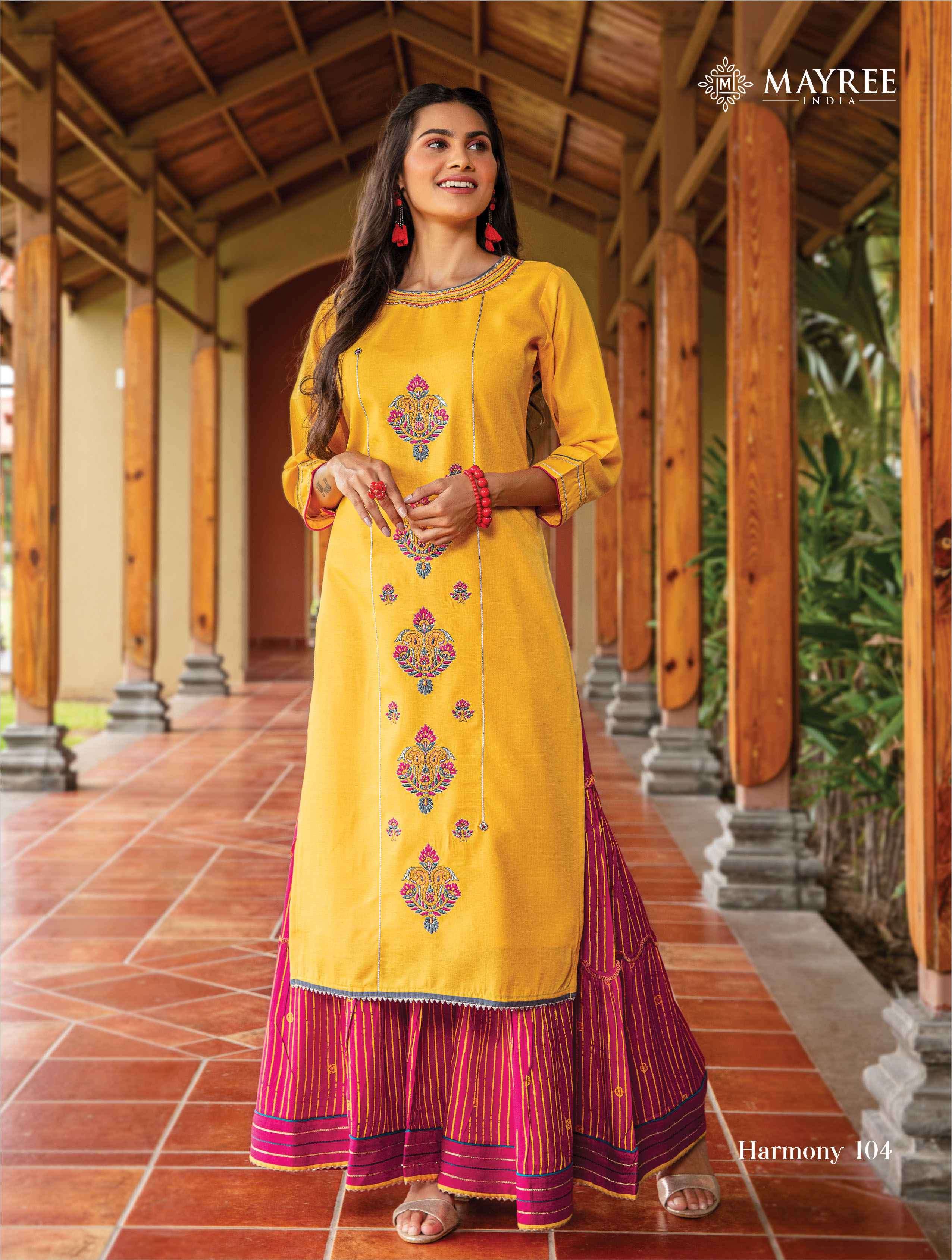 HARMONY BY MAYREE 101 TO 106 SERIES DESIGNER STYLISH FANCY COLORFUL BEAUTIFUL PARTY WEAR & ETHNIC WEAR COLLECTION MUSLIN PRINT KURTIS WITH BOTTOM AT WHOLESALE PRICE