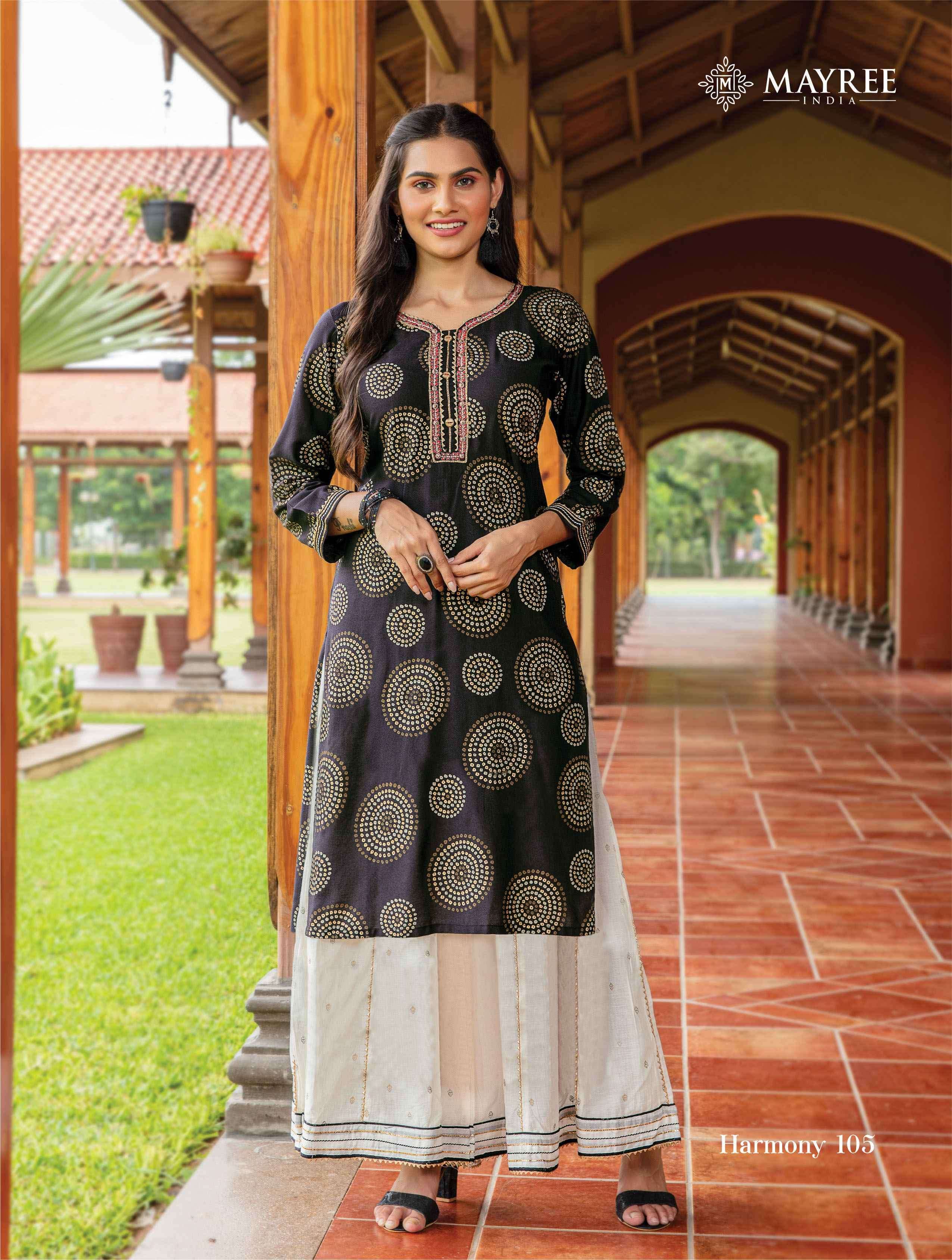HARMONY BY MAYREE 101 TO 106 SERIES DESIGNER STYLISH FANCY COLORFUL BEAUTIFUL PARTY WEAR & ETHNIC WEAR COLLECTION MUSLIN PRINT KURTIS WITH BOTTOM AT WHOLESALE PRICE