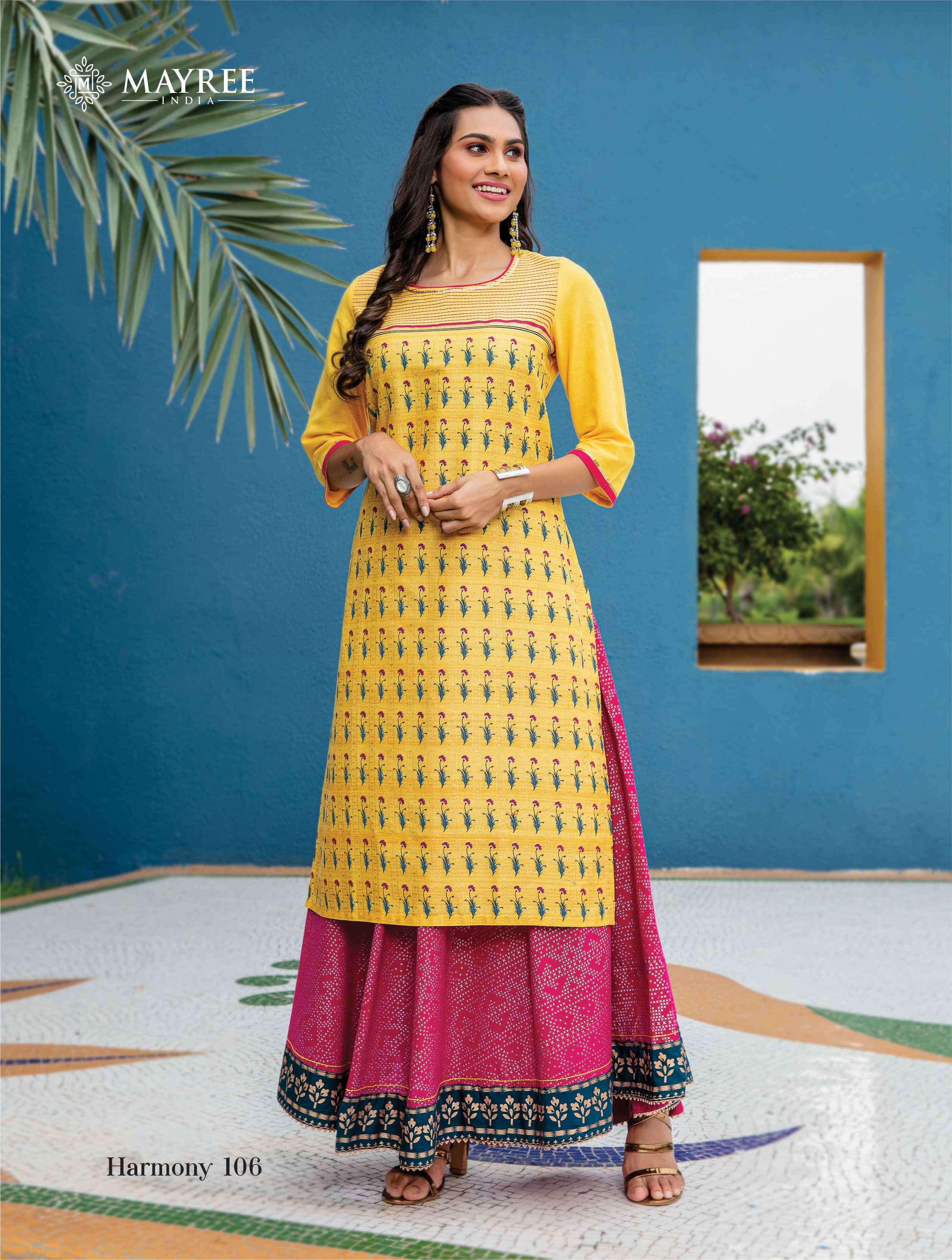 HARMONY BY MAYREE 101 TO 106 SERIES DESIGNER STYLISH FANCY COLORFUL BEAUTIFUL PARTY WEAR & ETHNIC WEAR COLLECTION MUSLIN PRINT KURTIS WITH BOTTOM AT WHOLESALE PRICE