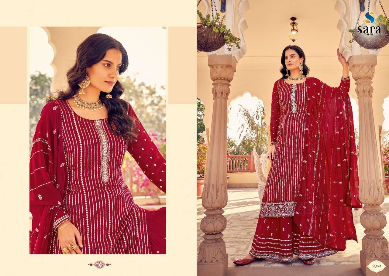 SAHENAAZ BY SARA TRENDZ 2901 TO 2904 SERIES BEAUTIFUL SHARARA SUITS COLORFUL STYLISH FANCY CASUAL WEAR & ETHNIC WEAR GEORGETTE EMBROIDERED DRESSES AT WHOLESALE PRICE