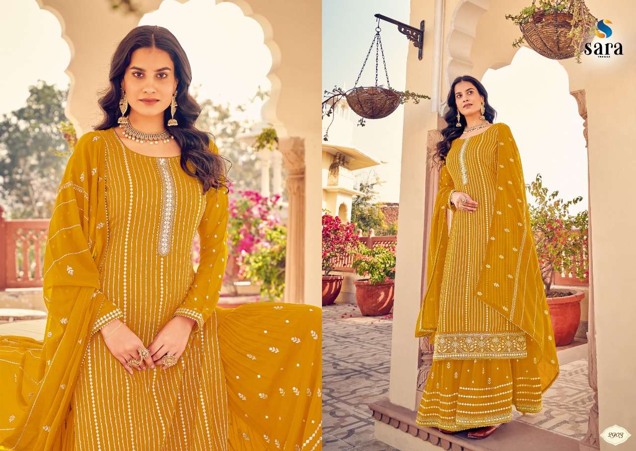 SAHENAAZ BY SARA TRENDZ 2901 TO 2904 SERIES BEAUTIFUL SHARARA SUITS COLORFUL STYLISH FANCY CASUAL WEAR & ETHNIC WEAR GEORGETTE EMBROIDERED DRESSES AT WHOLESALE PRICE