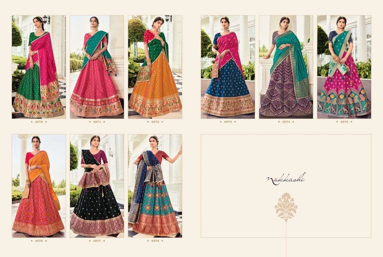 MEERA BY NAKKASHI 4270 TO 4278 SERIES DESIGNER BEAUTIFUL NAVRATRI COLLECTION OCCASIONAL WEAR & PARTY WEAR BANARASI LEHENGAS AT WHOLESALE PRICE