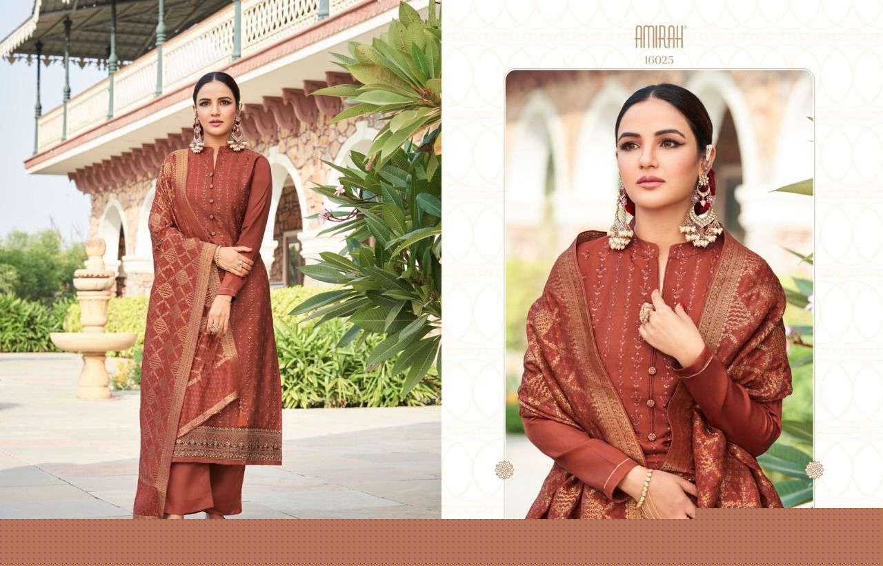 JASMEEN BY AMIRAH 16021 TO 16028 SERIES BEAUTIFUL STYLISH SUITS FANCY COLORFUL CASUAL WEAR & ETHNIC WEAR & READY TO WEAR TUSSAR SATIN EMBROIDERED DRESSES AT WHOLESALE PRICE