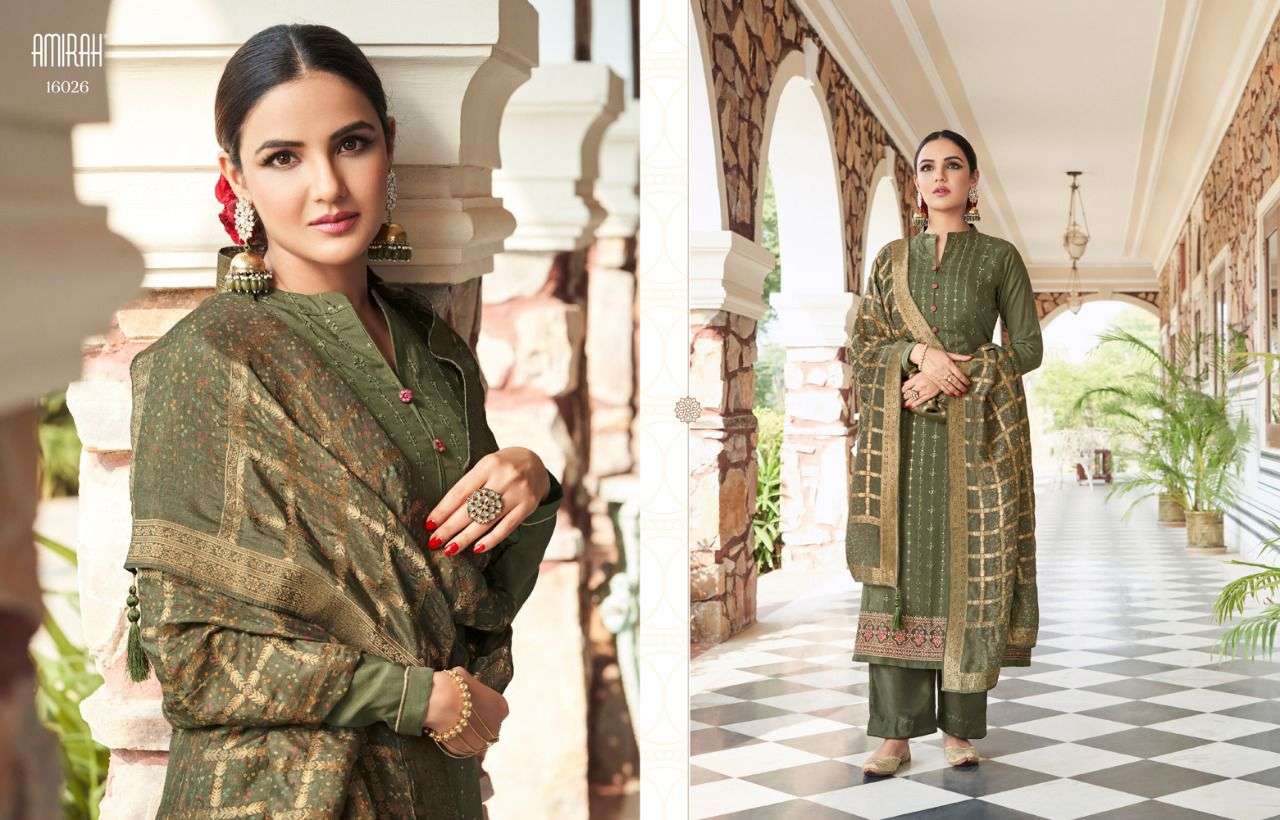 JASMEEN BY AMIRAH 16021 TO 16028 SERIES BEAUTIFUL STYLISH SUITS FANCY COLORFUL CASUAL WEAR & ETHNIC WEAR & READY TO WEAR TUSSAR SATIN EMBROIDERED DRESSES AT WHOLESALE PRICE
