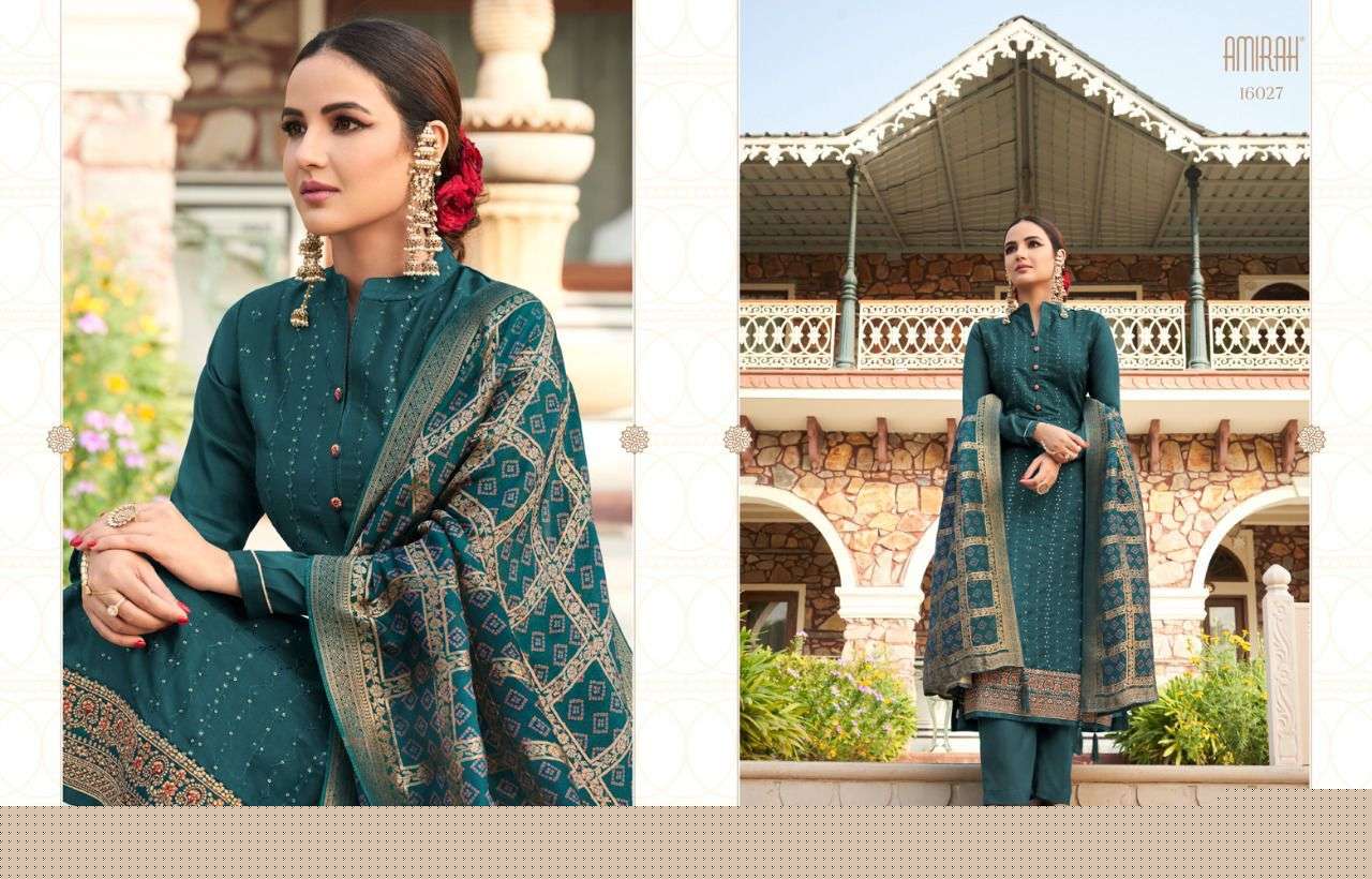 JASMEEN BY AMIRAH 16021 TO 16028 SERIES BEAUTIFUL STYLISH SUITS FANCY COLORFUL CASUAL WEAR & ETHNIC WEAR & READY TO WEAR TUSSAR SATIN EMBROIDERED DRESSES AT WHOLESALE PRICE