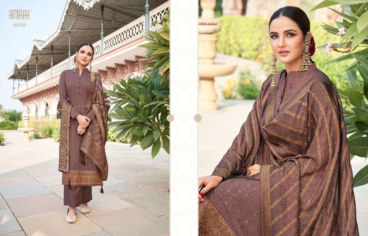 JASMEEN BY AMIRAH 16021 TO 16028 SERIES BEAUTIFUL STYLISH SUITS FANCY COLORFUL CASUAL WEAR & ETHNIC WEAR & READY TO WEAR TUSSAR SATIN EMBROIDERED DRESSES AT WHOLESALE PRICE