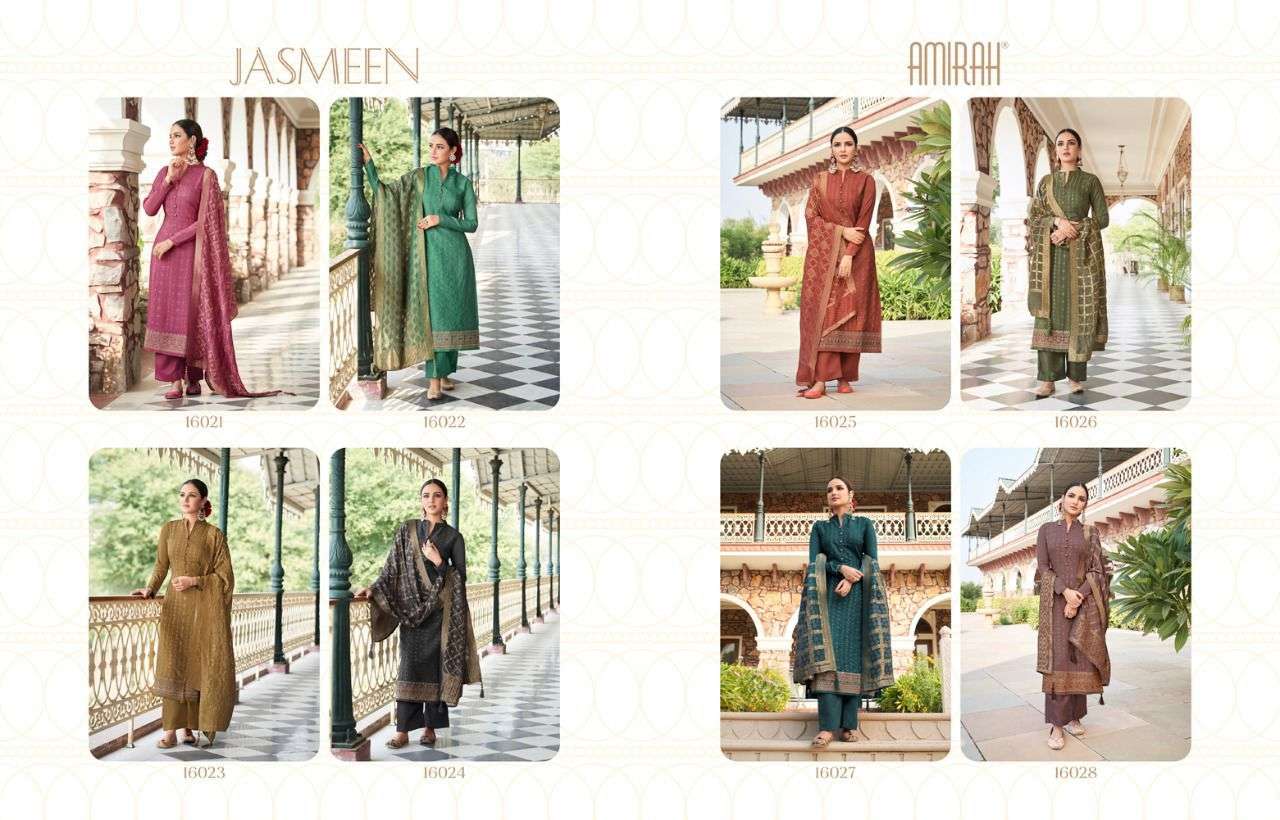 JASMEEN BY AMIRAH 16021 TO 16028 SERIES BEAUTIFUL STYLISH SUITS FANCY COLORFUL CASUAL WEAR & ETHNIC WEAR & READY TO WEAR TUSSAR SATIN EMBROIDERED DRESSES AT WHOLESALE PRICE
