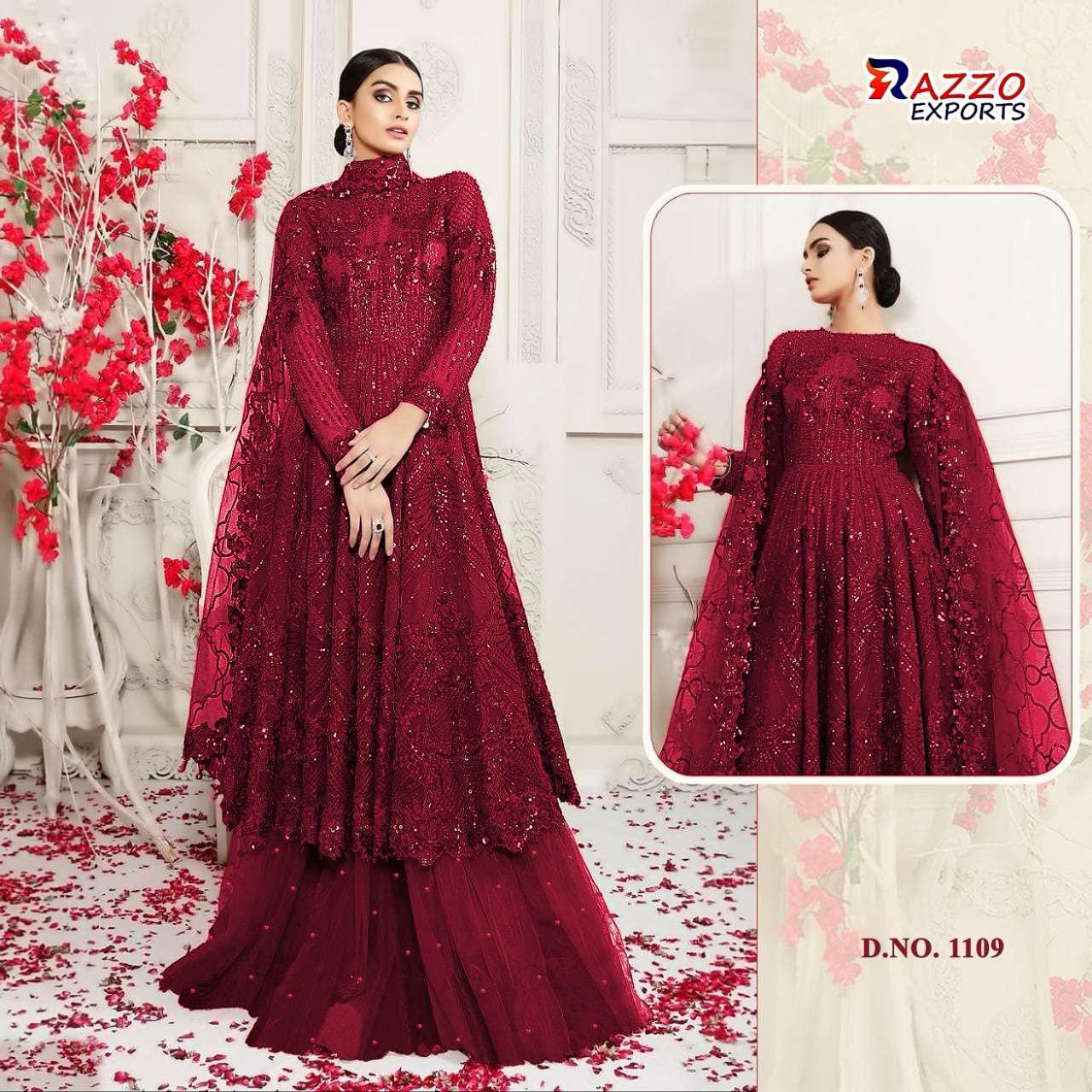 RAZZO VOL-3 HIT COLLECTION BY RAZZO EXPORTS 1109 TO 1112 SERIES DESIGNER BEAUTIFUL STYLISH PAKISATNI SUITS FANCY COLORFUL CASUAL WEAR & ETHNIC WEAR & READY TO WEAR BUTTERFLY NET EMBROIDERY DRESSES AT WHOLESALE PRICE