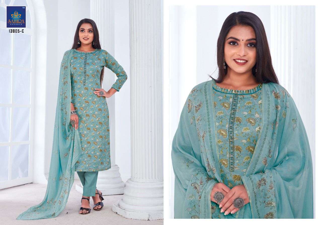 SAHIRA 13005 COLOURS BY SAHIRA EXPORTS 13005-A TO 13005-D SERIES BEAUTIFUL STYLISH SUITS FANCY COLORFUL CASUAL WEAR & ETHNIC WEAR & READY TO WEAR PURE JAM SILK COTTON PRINTED DRESSES AT WHOLESALE PRICE