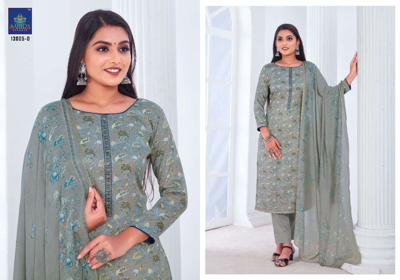SAHIRA 13005 COLOURS BY SAHIRA EXPORTS 13005-A TO 13005-D SERIES BEAUTIFUL STYLISH SUITS FANCY COLORFUL CASUAL WEAR & ETHNIC WEAR & READY TO WEAR PURE JAM SILK COTTON PRINTED DRESSES AT WHOLESALE PRICE