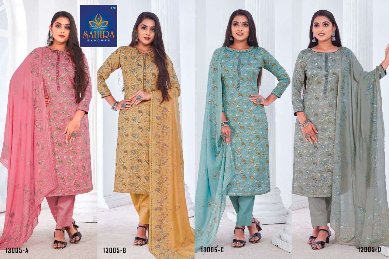 SAHIRA 13005 COLOURS BY SAHIRA EXPORTS 13005-A TO 13005-D SERIES BEAUTIFUL STYLISH SUITS FANCY COLORFUL CASUAL WEAR & ETHNIC WEAR & READY TO WEAR PURE JAM SILK COTTON PRINTED DRESSES AT WHOLESALE PRICE
