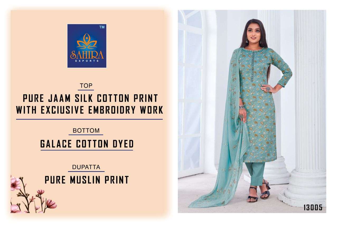 SAHIRA 13005 COLOURS BY SAHIRA EXPORTS 13005-A TO 13005-D SERIES BEAUTIFUL STYLISH SUITS FANCY COLORFUL CASUAL WEAR & ETHNIC WEAR & READY TO WEAR PURE JAM SILK COTTON PRINTED DRESSES AT WHOLESALE PRICE