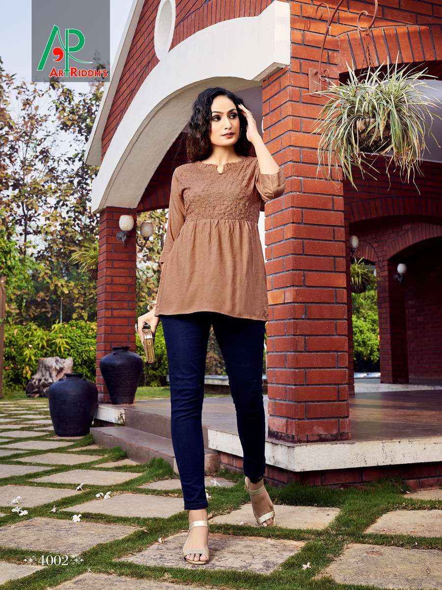 SHRUSTI VOL-4 BY ART RIDDHS 4001 TO 4010 SERIES BEAUTIFUL STYLISH FANCY COLORFUL CASUAL WEAR & ETHNIC WEAR HEAVY RAYON TOPS AT WHOLESALE PRICE