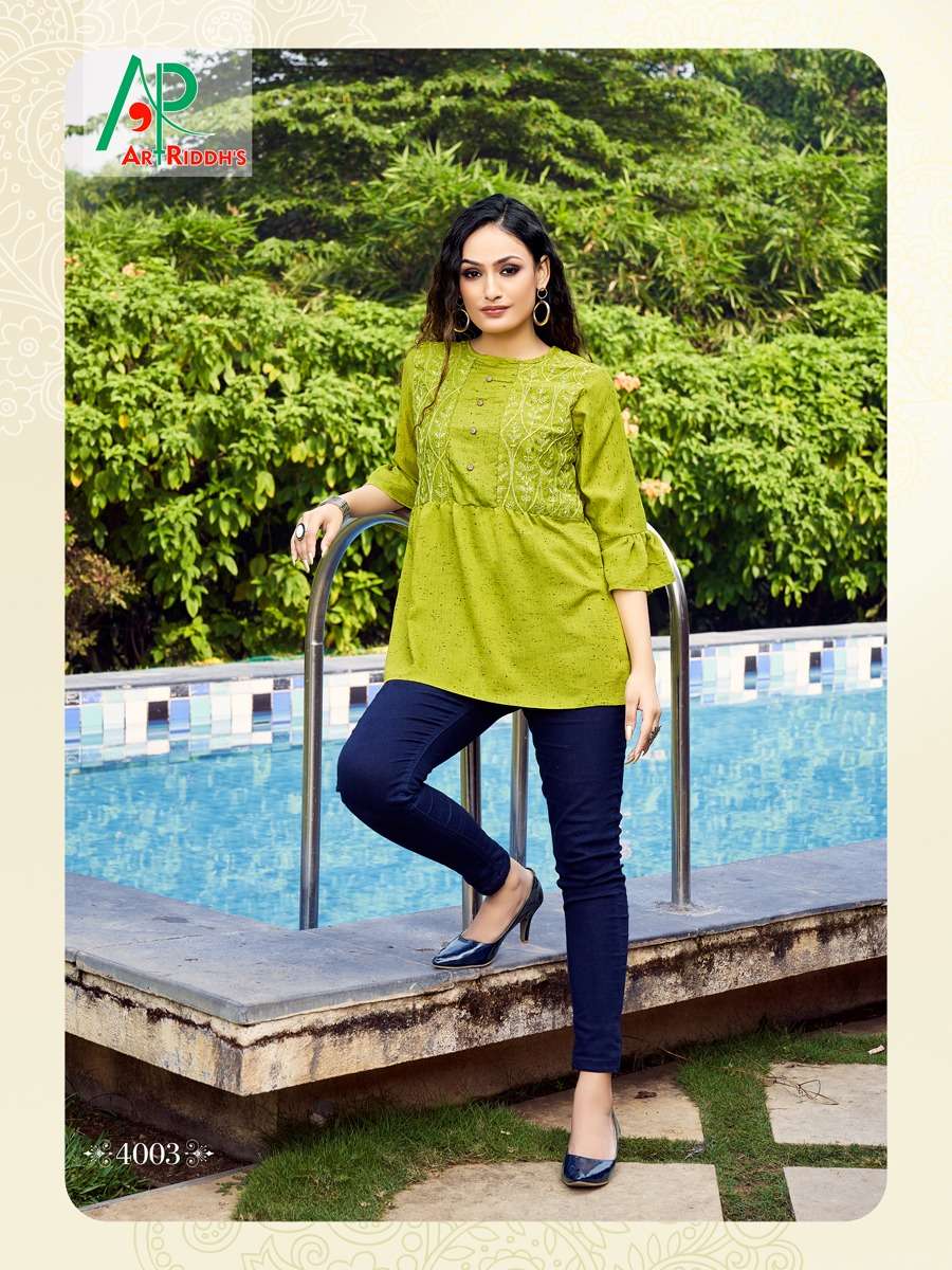 SHRUSTI VOL-4 BY ART RIDDHS 4001 TO 4010 SERIES BEAUTIFUL STYLISH FANCY COLORFUL CASUAL WEAR & ETHNIC WEAR HEAVY RAYON TOPS AT WHOLESALE PRICE