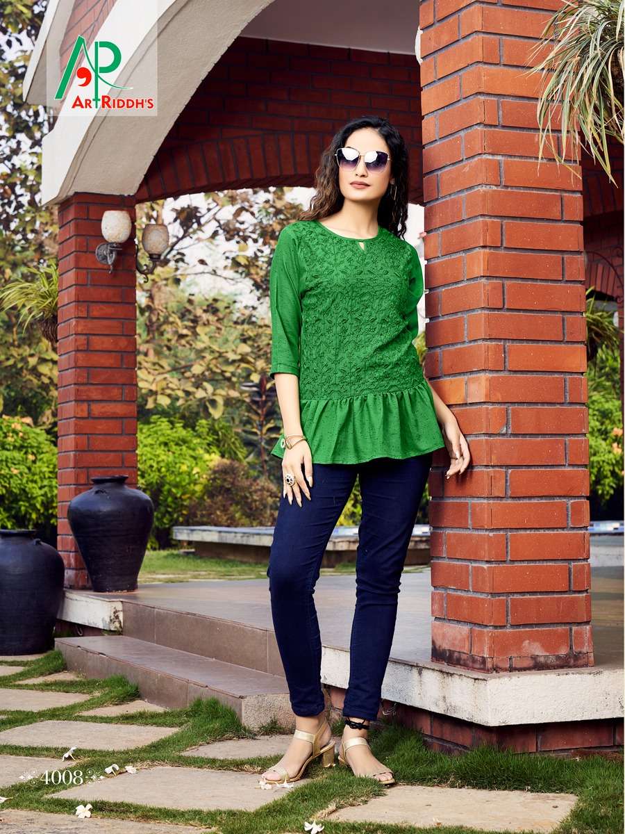 SHRUSTI VOL-4 BY ART RIDDHS 4001 TO 4010 SERIES BEAUTIFUL STYLISH FANCY COLORFUL CASUAL WEAR & ETHNIC WEAR HEAVY RAYON TOPS AT WHOLESALE PRICE