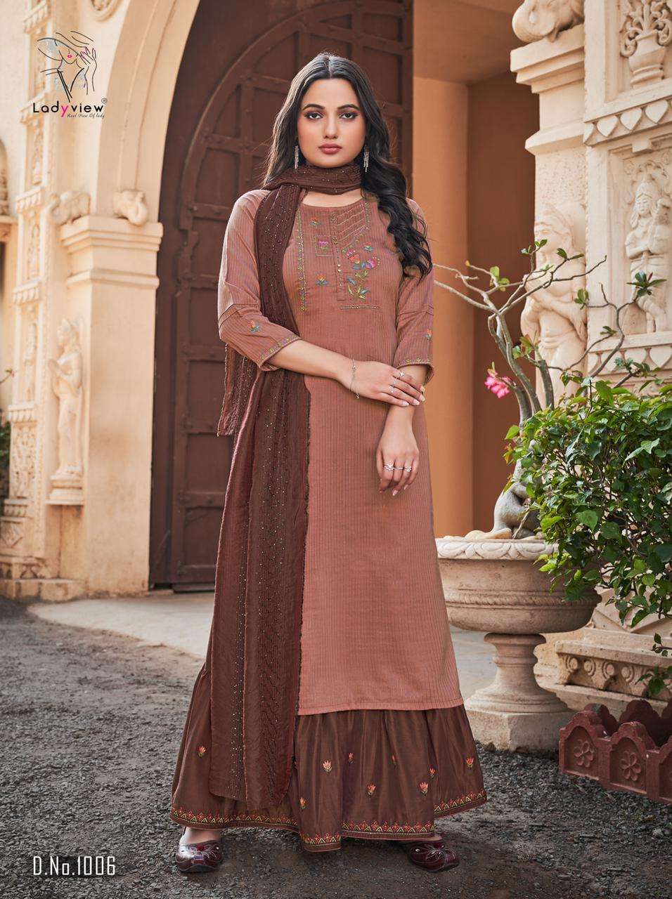 HEER BY LADY VIEW 1001 TO 1006 SERIES BEAUTIFUL SHARARA SUITS COLORFUL STYLISH FANCY CASUAL WEAR & ETHNIC WEAR VISCOSE SILK EMBROIDERED DRESSES AT WHOLESALE PRICE