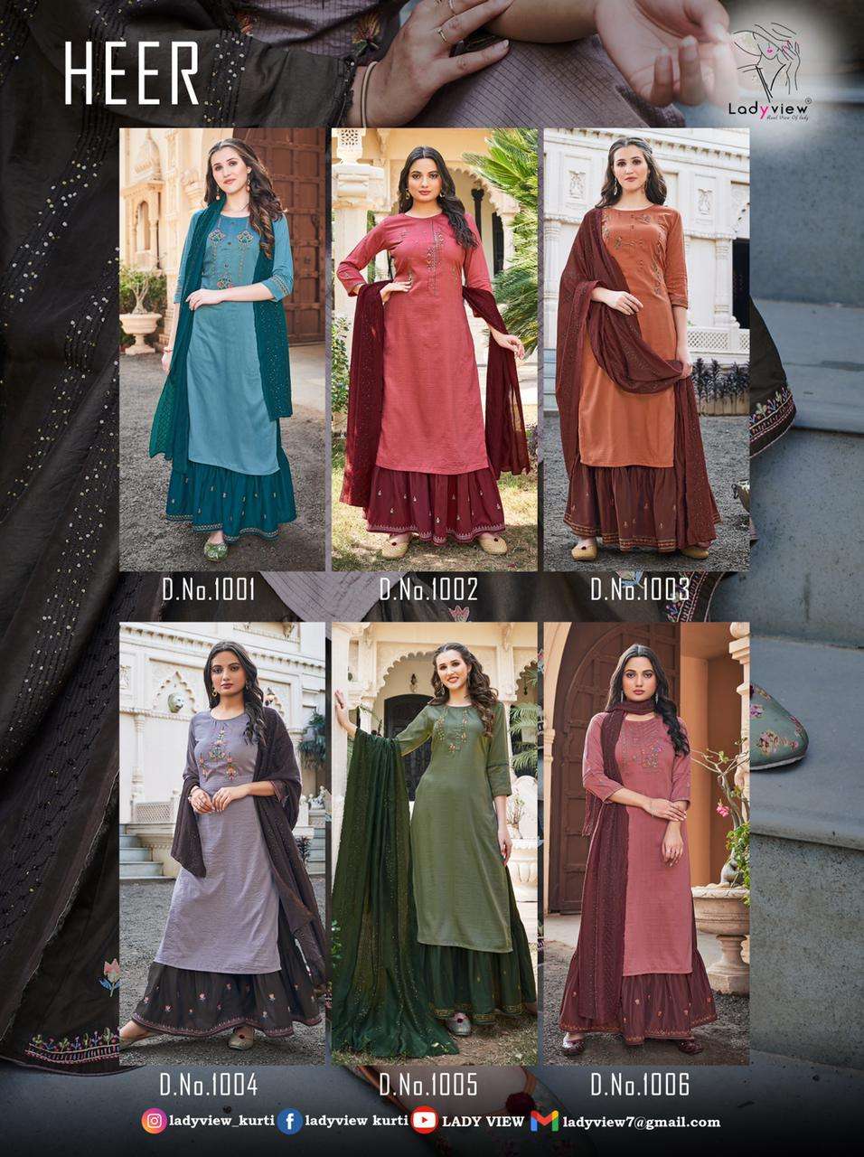 HEER BY LADY VIEW 1001 TO 1006 SERIES BEAUTIFUL SHARARA SUITS COLORFUL STYLISH FANCY CASUAL WEAR & ETHNIC WEAR VISCOSE SILK EMBROIDERED DRESSES AT WHOLESALE PRICE
