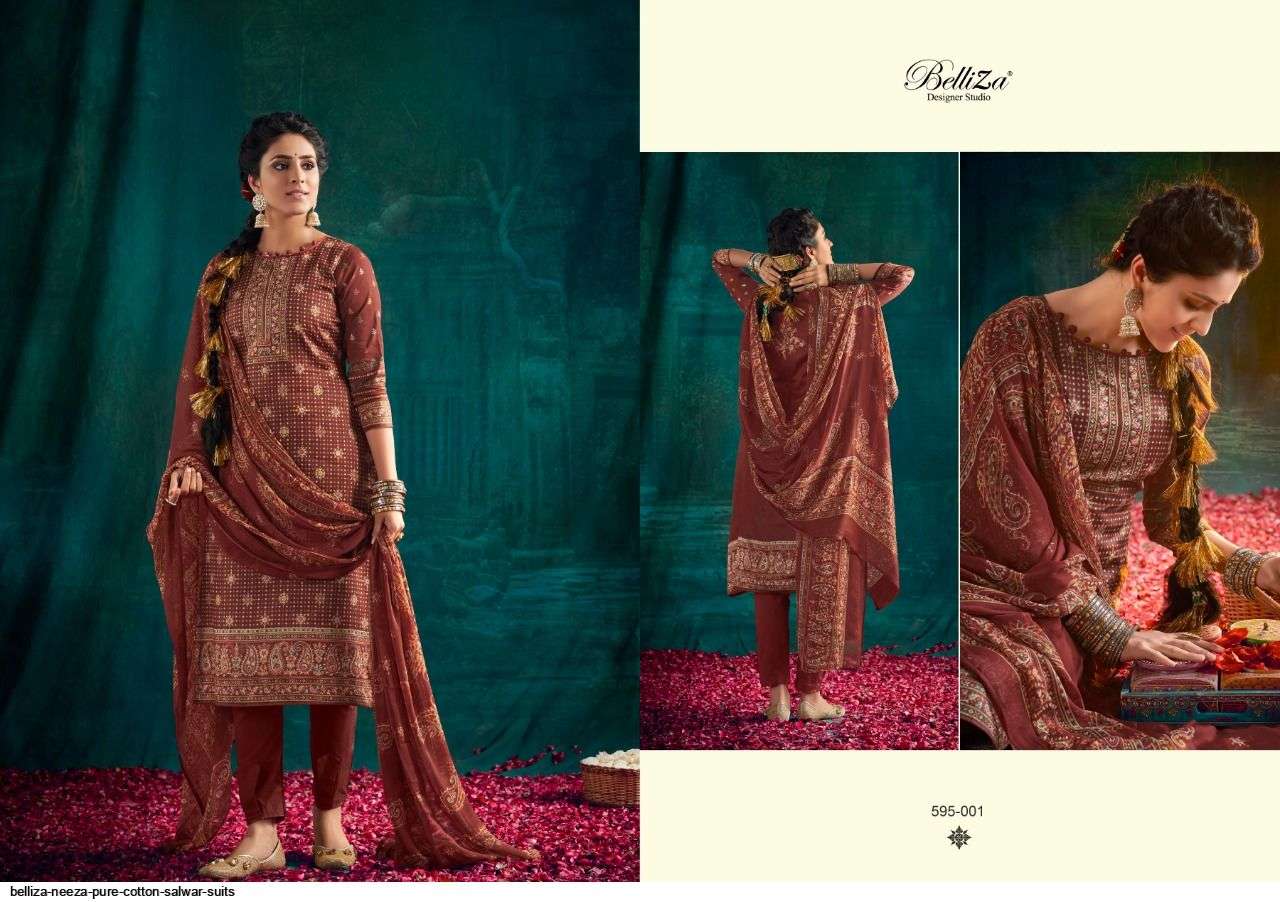 NEEZA BY BELLIZA 595-001 TO 595-010 SERIES BEAUTIFUL STYLISH SHARARA SUITS FANCY COLORFUL CASUAL WEAR & ETHNIC WEAR & READY TO WEAR HEAVY COTTON PRINTED DRESSES AT WHOLESALE PRICE