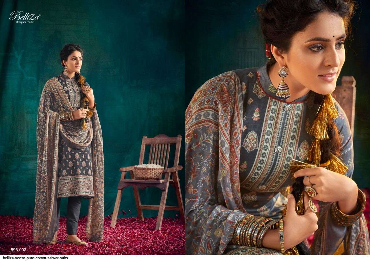 NEEZA BY BELLIZA 595-001 TO 595-010 SERIES BEAUTIFUL STYLISH SHARARA SUITS FANCY COLORFUL CASUAL WEAR & ETHNIC WEAR & READY TO WEAR HEAVY COTTON PRINTED DRESSES AT WHOLESALE PRICE
