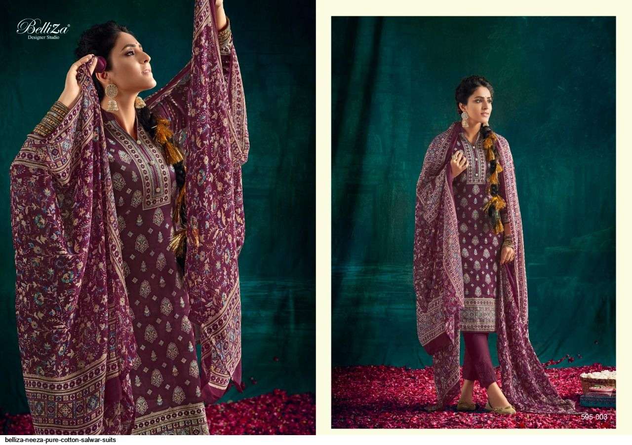 NEEZA BY BELLIZA 595-001 TO 595-010 SERIES BEAUTIFUL STYLISH SHARARA SUITS FANCY COLORFUL CASUAL WEAR & ETHNIC WEAR & READY TO WEAR HEAVY COTTON PRINTED DRESSES AT WHOLESALE PRICE