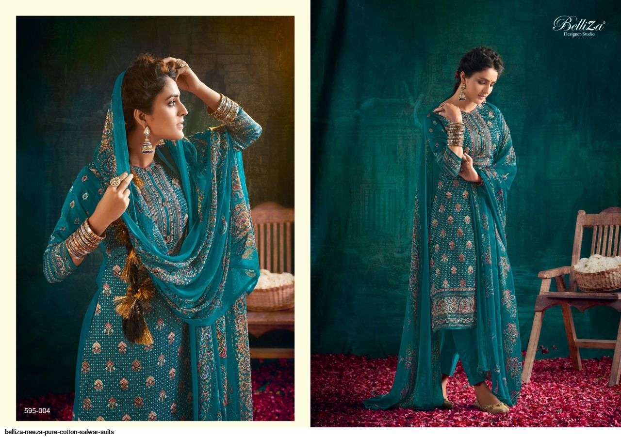 NEEZA BY BELLIZA 595-001 TO 595-010 SERIES BEAUTIFUL STYLISH SHARARA SUITS FANCY COLORFUL CASUAL WEAR & ETHNIC WEAR & READY TO WEAR HEAVY COTTON PRINTED DRESSES AT WHOLESALE PRICE