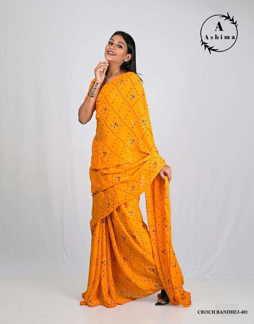 CROCH BANDHEJ BY ASHIMA 401 TO 408 SERIES INDIAN TRADITIONAL WEAR COLLECTION BEAUTIFUL STYLISH FANCY COLORFUL PARTY WEAR & OCCASIONAL WEAR DULL MOSS SAREES AT WHOLESALE PRICE