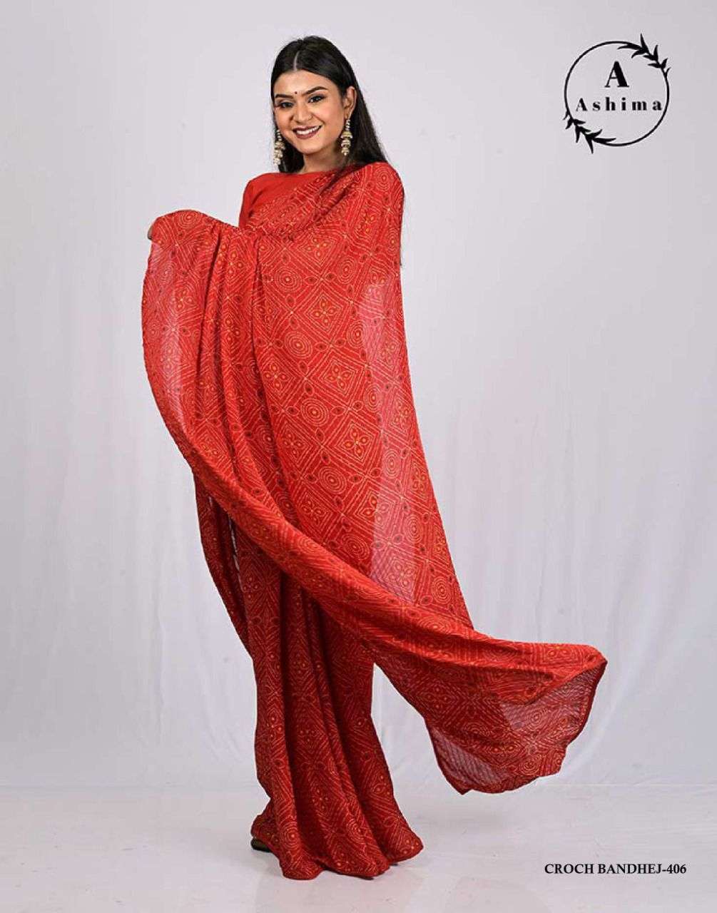 CROCH BANDHEJ BY ASHIMA 401 TO 408 SERIES INDIAN TRADITIONAL WEAR COLLECTION BEAUTIFUL STYLISH FANCY COLORFUL PARTY WEAR & OCCASIONAL WEAR DULL MOSS SAREES AT WHOLESALE PRICE