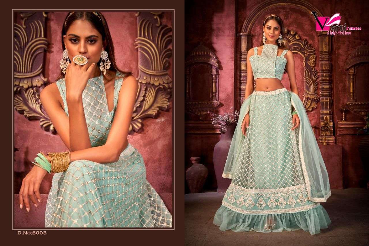 ZEEYA RUKSANA BY VARNI FABRICS 6001 TO 6003 SERIES DESIGNER BEAUTIFUL NAVRATRI COLLECTION OCCASIONAL WEAR & PARTY WEAR NET LEHENGAS AT WHOLESALE PRICE