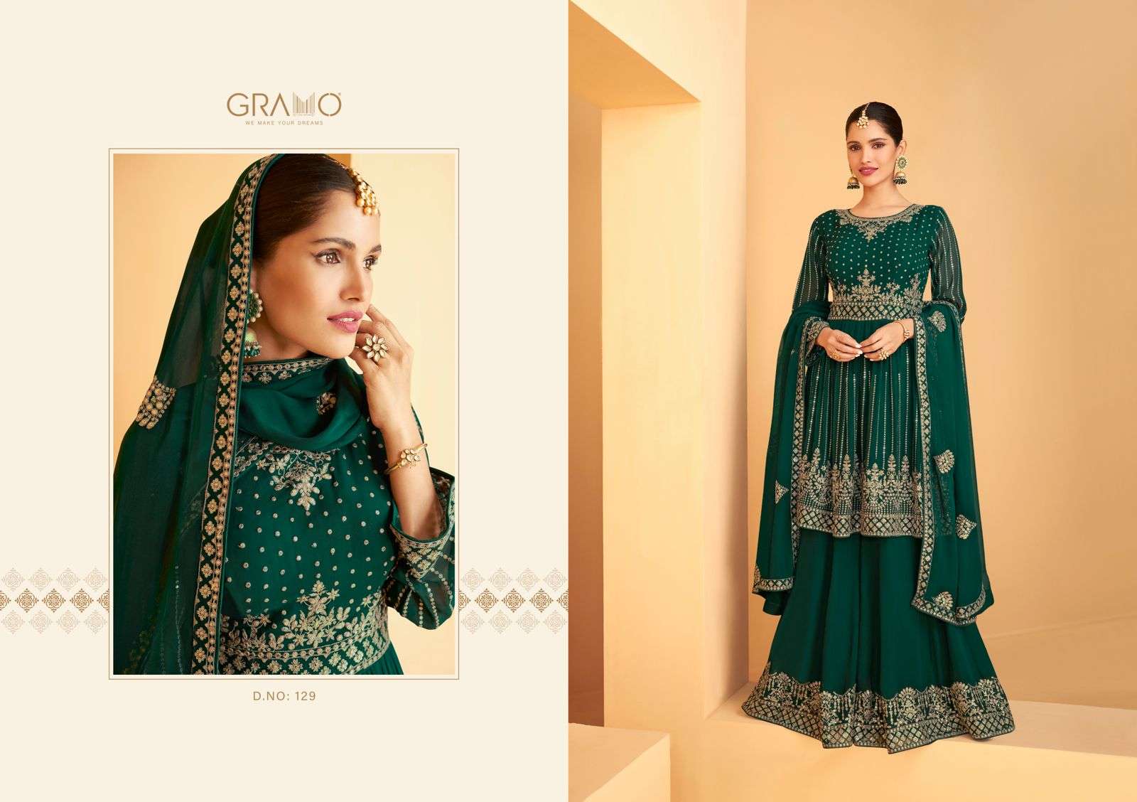 Navabi Vol-4 By Gramo 128 To 131 Series Beautiful Stylish Sharara Suits Fancy Colorful Casual Wear & Ethnic Wear & Ready To Wear Heavy Faux Georgette Embroidered Dresses At Wholesale Price