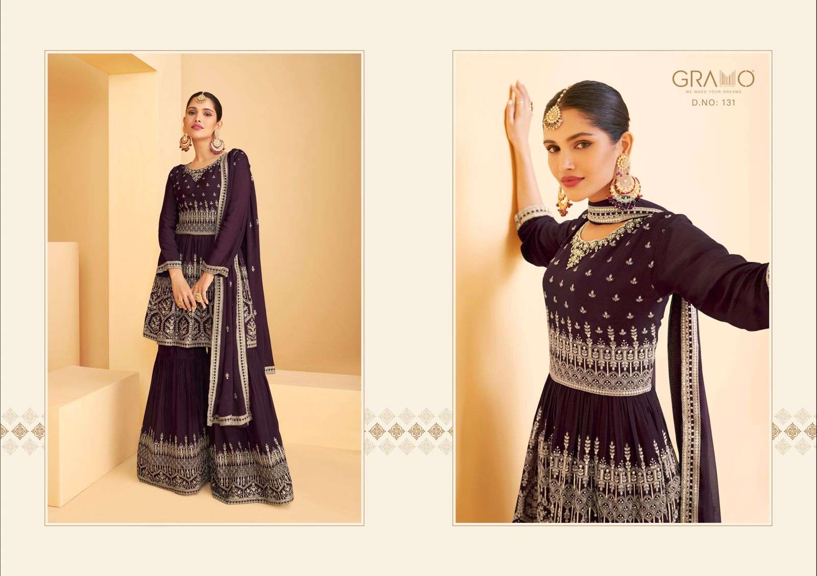 Navabi Vol-4 By Gramo 128 To 131 Series Beautiful Stylish Sharara Suits Fancy Colorful Casual Wear & Ethnic Wear & Ready To Wear Heavy Faux Georgette Embroidered Dresses At Wholesale Price
