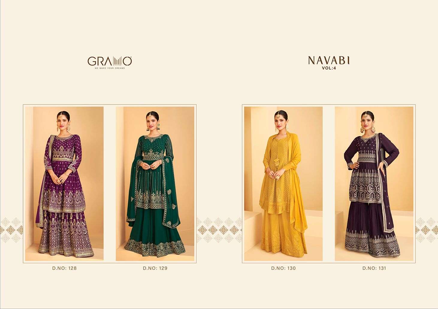 Navabi Vol-4 By Gramo 128 To 131 Series Beautiful Stylish Sharara Suits Fancy Colorful Casual Wear & Ethnic Wear & Ready To Wear Heavy Faux Georgette Embroidered Dresses At Wholesale Price