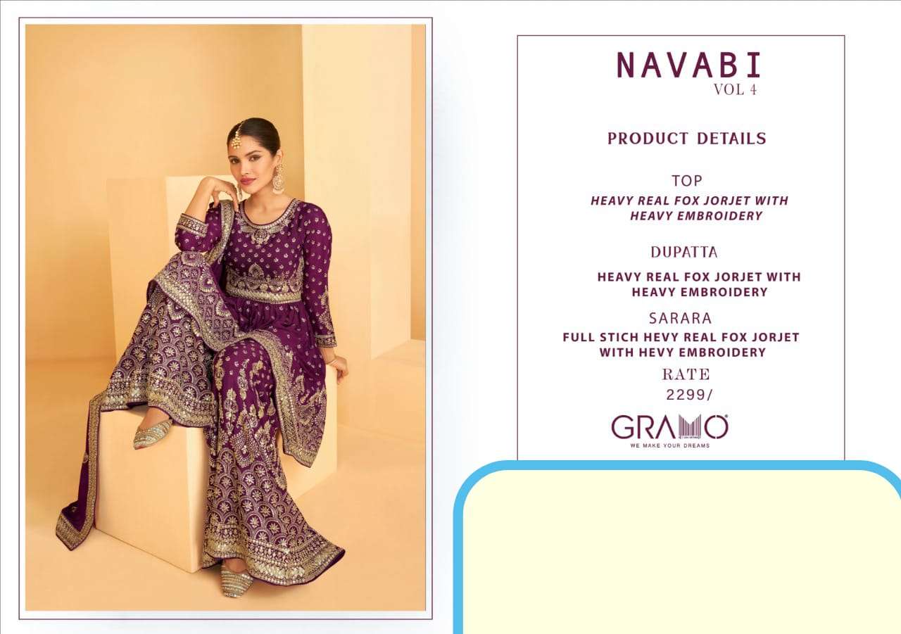 Navabi Vol-4 By Gramo 128 To 131 Series Beautiful Stylish Sharara Suits Fancy Colorful Casual Wear & Ethnic Wear & Ready To Wear Heavy Faux Georgette Embroidered Dresses At Wholesale Price
