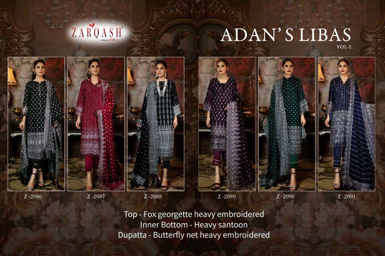 Adans Libas Vol-2 By Zarqash 2086 To 2091 Series Designer Festive Pakistani Suits Collection Beautiful Stylish Fancy Colorful Party Wear & Occasional Wear Faux Georgette Embroidered Dresses At Wholesale Price