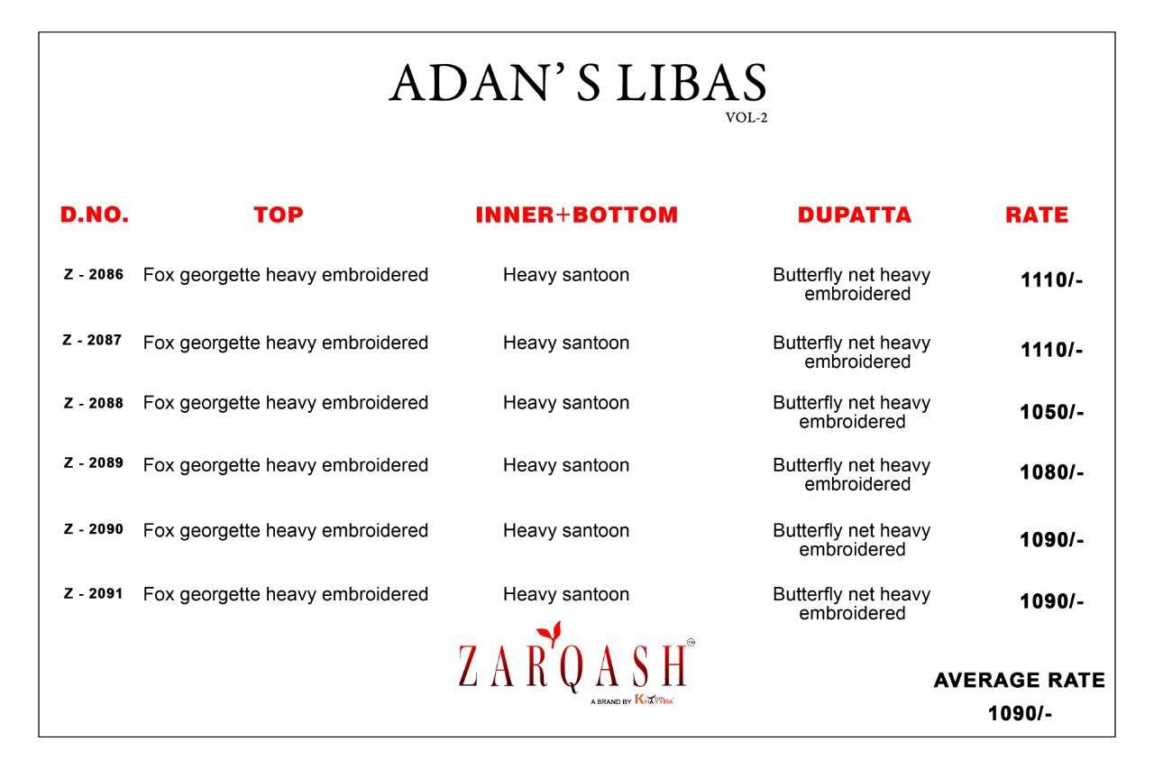 Adans Libas Vol-2 By Zarqash 2086 To 2091 Series Designer Festive Pakistani Suits Collection Beautiful Stylish Fancy Colorful Party Wear & Occasional Wear Faux Georgette Embroidered Dresses At Wholesale Price