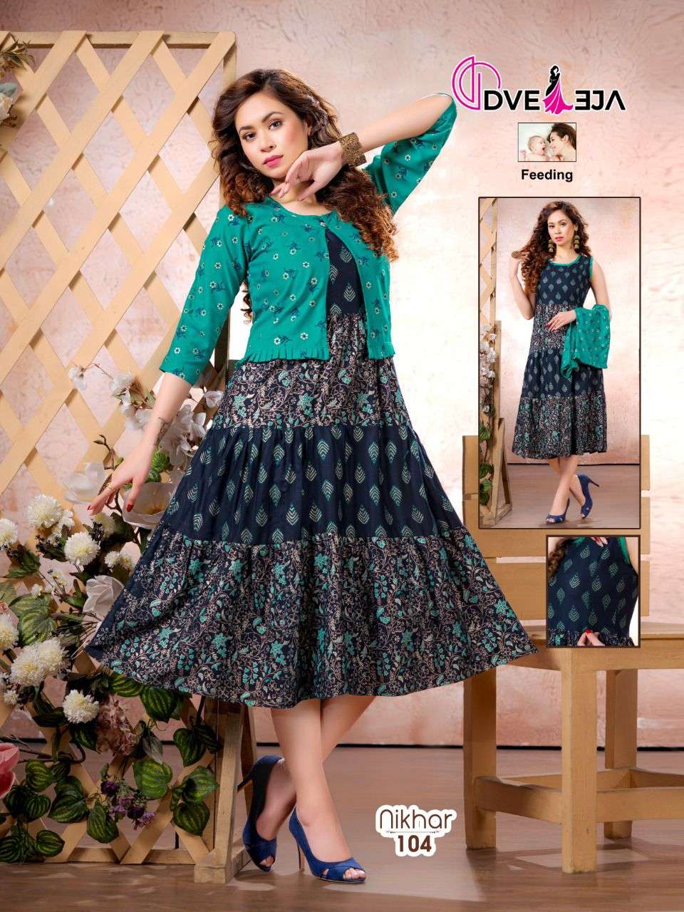 NIKHAR BY DVEEJA 101 TO 108 SERIES DESIGNER STYLISH FANCY COLORFUL BEAUTIFUL PARTY WEAR & ETHNIC WEAR COLLECTION RAYON PRINT KURTIS WITH JACKET AT WHOLESALE PRICE