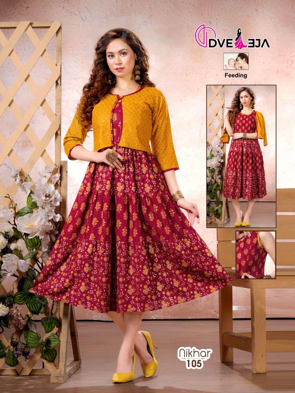 NIKHAR BY DVEEJA 101 TO 108 SERIES DESIGNER STYLISH FANCY COLORFUL BEAUTIFUL PARTY WEAR & ETHNIC WEAR COLLECTION RAYON PRINT KURTIS WITH JACKET AT WHOLESALE PRICE