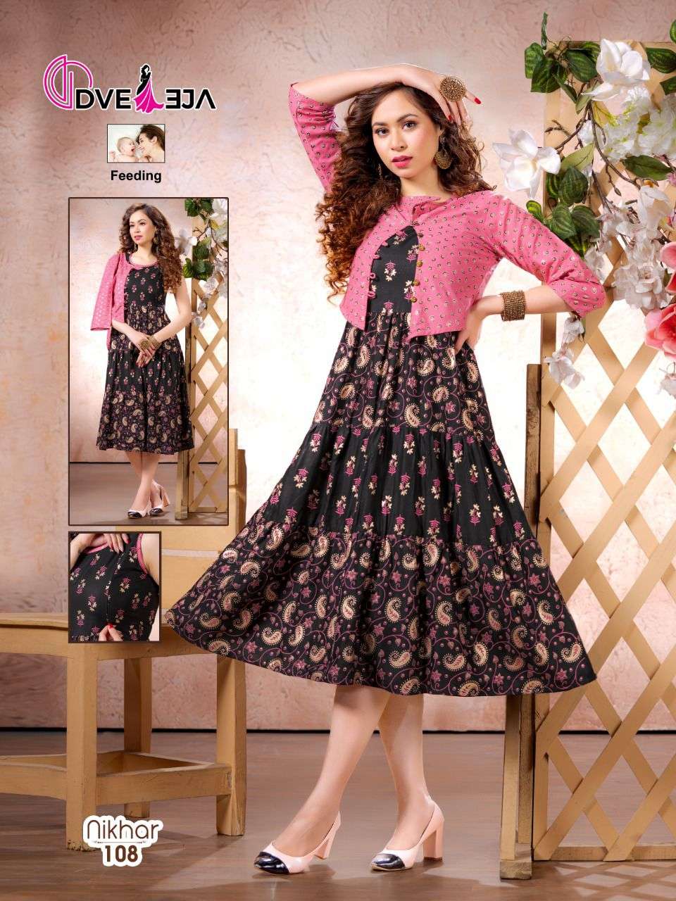 NIKHAR BY DVEEJA 101 TO 108 SERIES DESIGNER STYLISH FANCY COLORFUL BEAUTIFUL PARTY WEAR & ETHNIC WEAR COLLECTION RAYON PRINT KURTIS WITH JACKET AT WHOLESALE PRICE