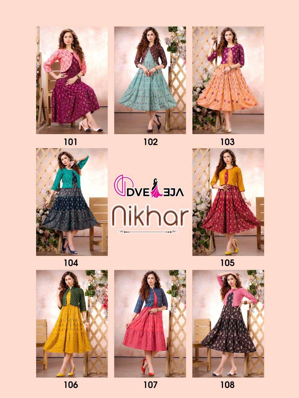 NIKHAR BY DVEEJA 101 TO 108 SERIES DESIGNER STYLISH FANCY COLORFUL BEAUTIFUL PARTY WEAR & ETHNIC WEAR COLLECTION RAYON PRINT KURTIS WITH JACKET AT WHOLESALE PRICE