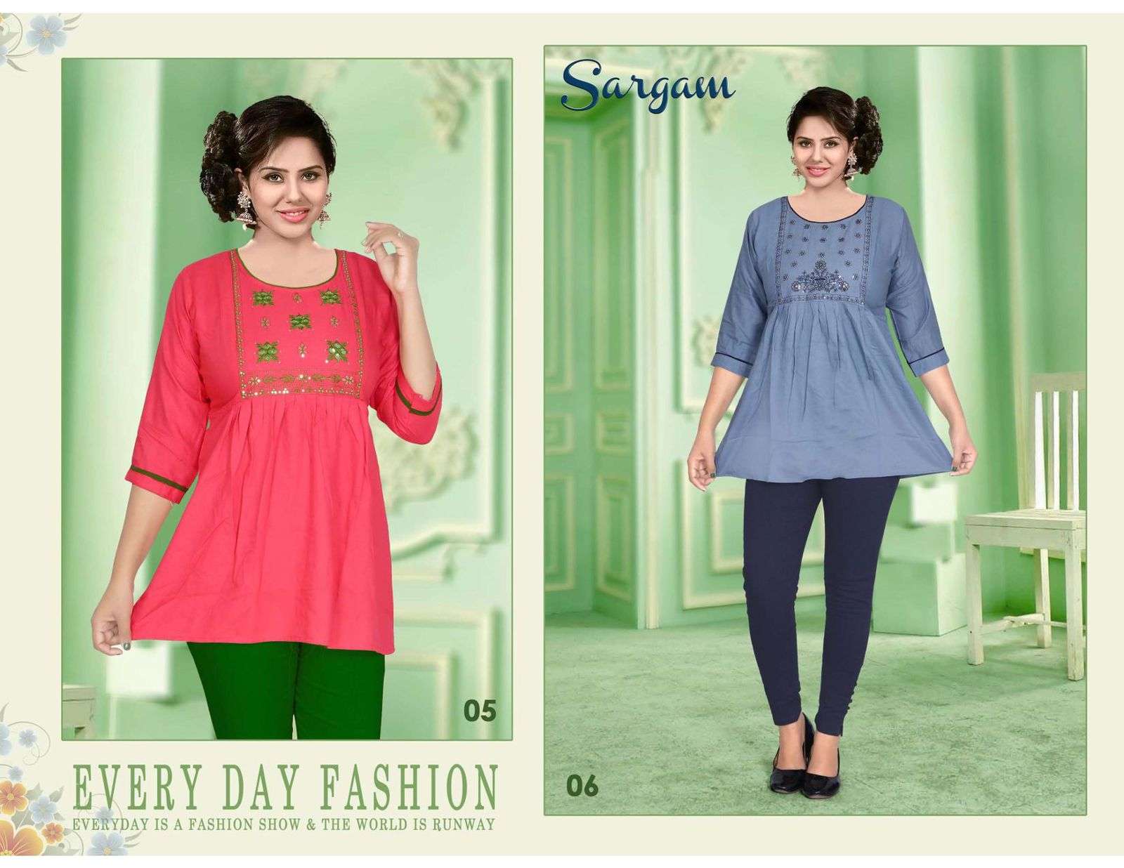 SARGAM BY TRENDY 01 TO 10 SERIES BEAUTIFUL STYLISH FANCY COLORFUL CASUAL WEAR & ETHNIC WEAR RAYON WITH WORK TOPS AT WHOLESALE PRICE