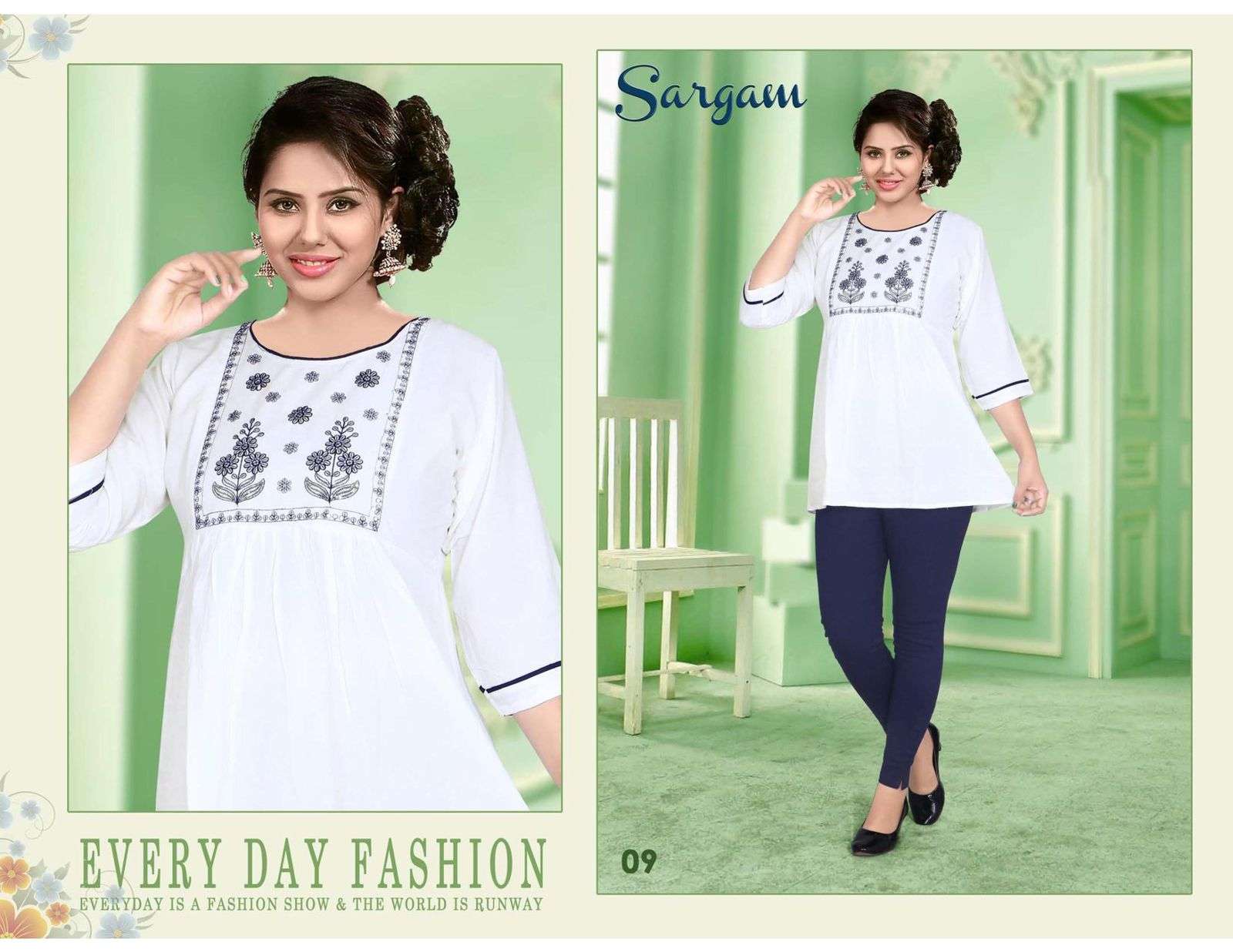SARGAM BY TRENDY 01 TO 10 SERIES BEAUTIFUL STYLISH FANCY COLORFUL CASUAL WEAR & ETHNIC WEAR RAYON WITH WORK TOPS AT WHOLESALE PRICE