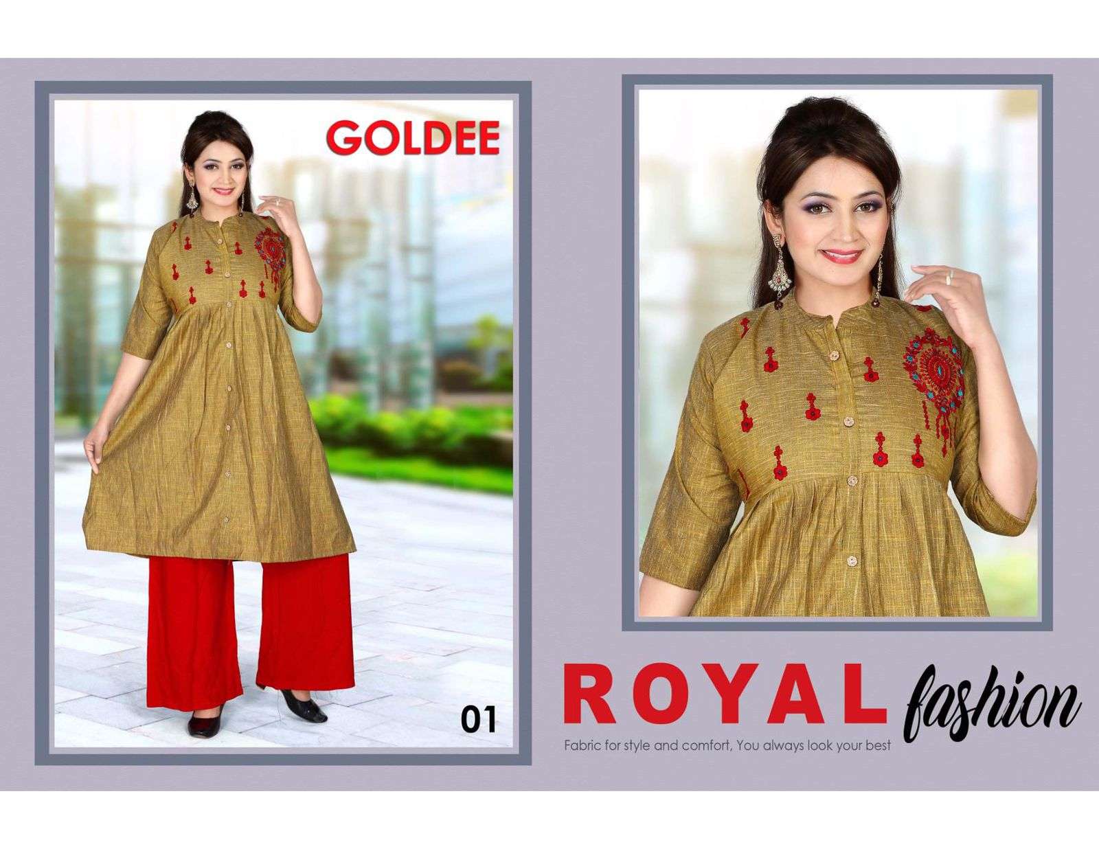 GOLDEE BY TRENDY 01 TO 06 SERIES DESIGNER STYLISH FANCY COLORFUL BEAUTIFUL PARTY WEAR & ETHNIC WEAR COLLECTION COTTON EMBROIDERED KURTIS WITH BOTTOM AT WHOLESALE PRICE