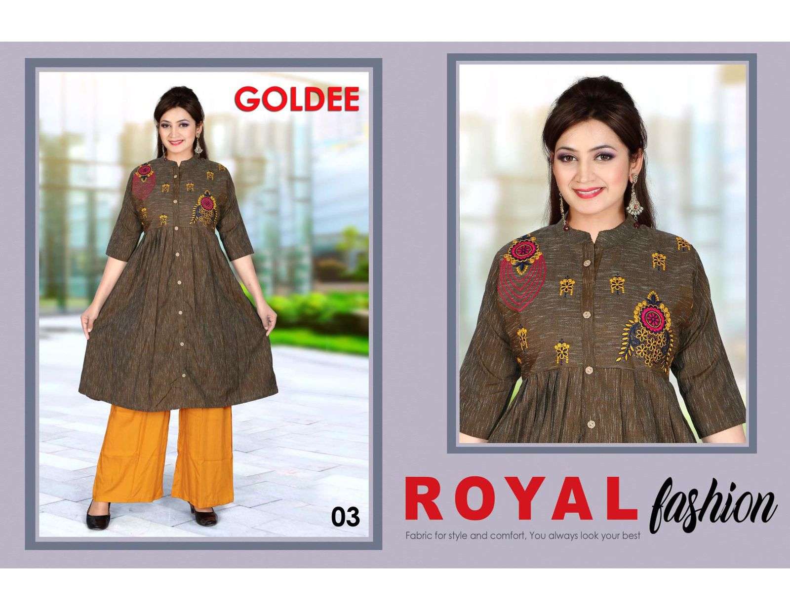 GOLDEE BY TRENDY 01 TO 06 SERIES DESIGNER STYLISH FANCY COLORFUL BEAUTIFUL PARTY WEAR & ETHNIC WEAR COLLECTION COTTON EMBROIDERED KURTIS WITH BOTTOM AT WHOLESALE PRICE