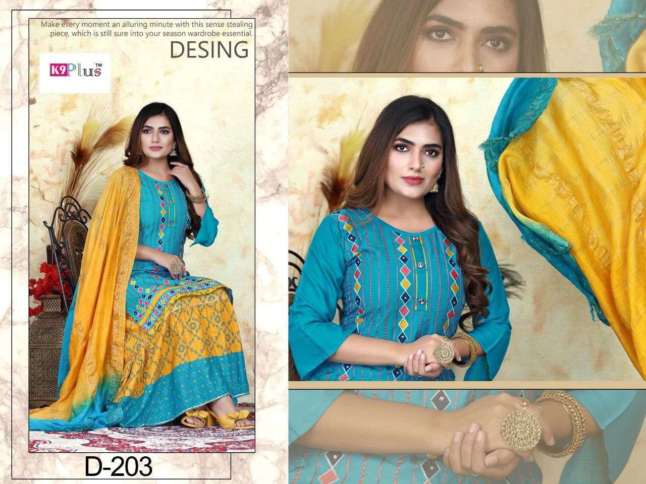 PRETTY BY K9 PLUS 201 TO 208 SERIES BEAUTIFUL SUITS COLORFUL STYLISH FANCY CASUAL WEAR & ETHNIC WEAR RAYON WITH WORK DRESSES AT WHOLESALE PRICE