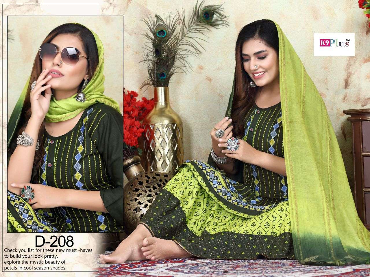 PRETTY BY K9 PLUS 201 TO 208 SERIES BEAUTIFUL SUITS COLORFUL STYLISH FANCY CASUAL WEAR & ETHNIC WEAR RAYON WITH WORK DRESSES AT WHOLESALE PRICE