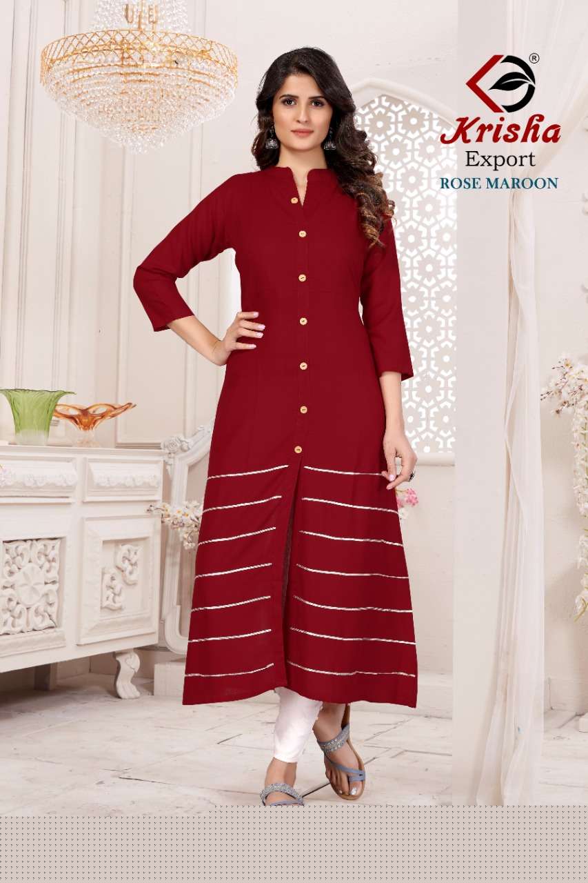ROSE VOL-1 BY KRISHA EXPORTS 01 TO 05 SERIES DESIGNER STYLISH FANCY COLORFUL BEAUTIFUL PARTY WEAR & ETHNIC WEAR COLLECTION HEAVY RAYON WITH WORK KURTIS AT WHOLESALE PRICE