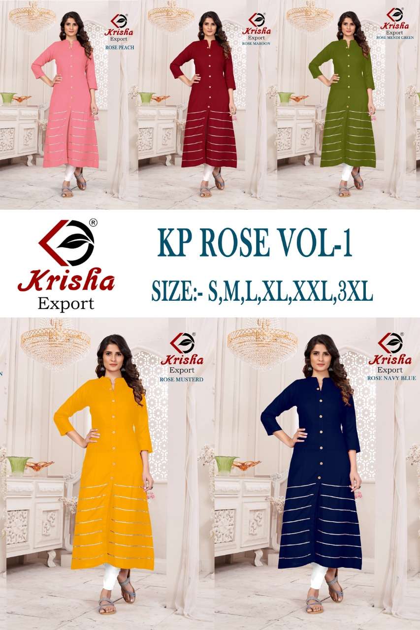 ROSE VOL-1 BY KRISHA EXPORTS 01 TO 05 SERIES DESIGNER STYLISH FANCY COLORFUL BEAUTIFUL PARTY WEAR & ETHNIC WEAR COLLECTION HEAVY RAYON WITH WORK KURTIS AT WHOLESALE PRICE