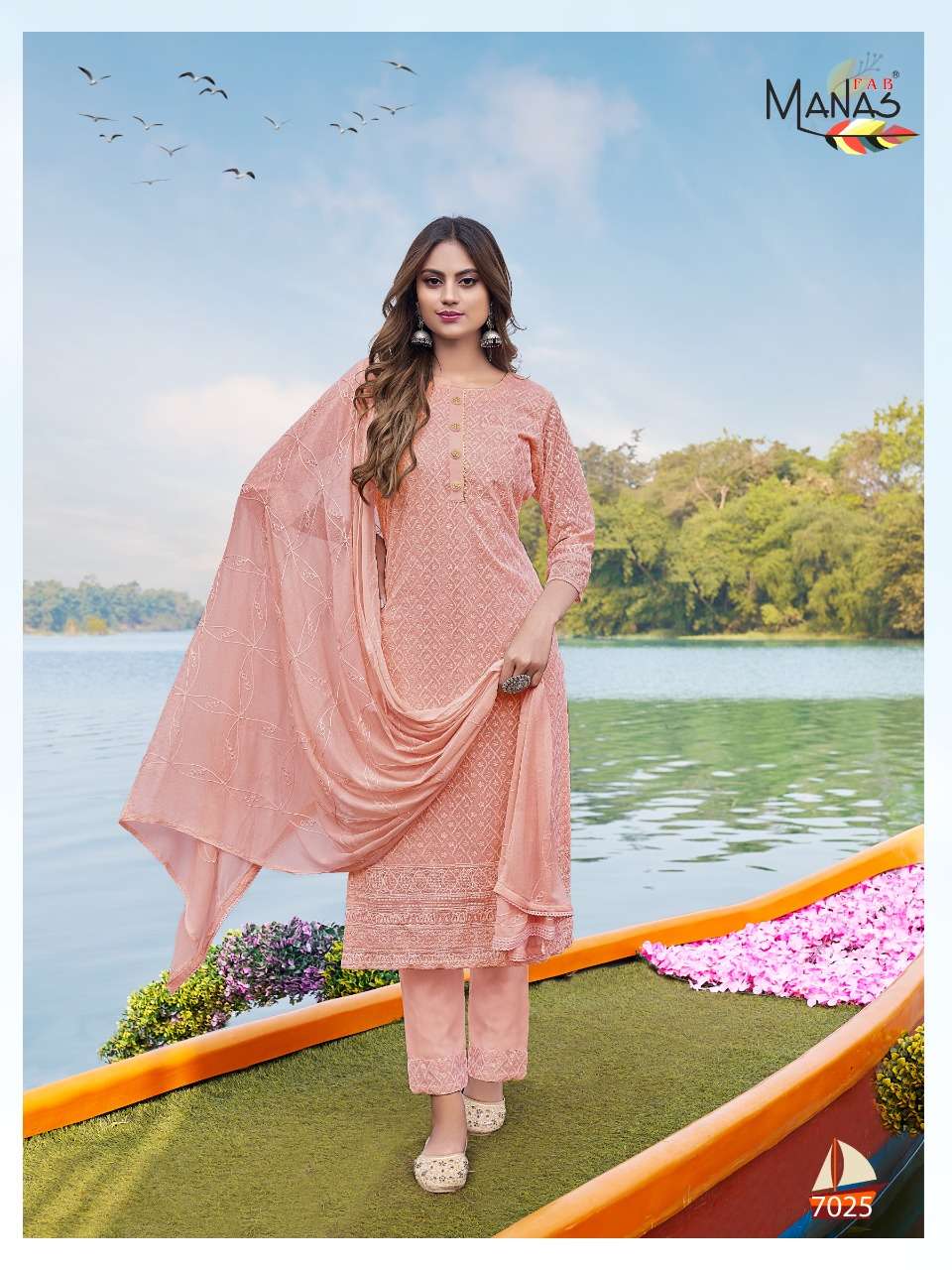 SCHIFFLI VOL-5 BY MANAS FAB 7025 TO 7030 SERIES BEAUTIFUL SUITS COLORFUL STYLISH FANCY CASUAL WEAR & ETHNIC WEAR GEORGETTE WITH SCHIFFLI WORK DRESSES AT WHOLESALE PRICE