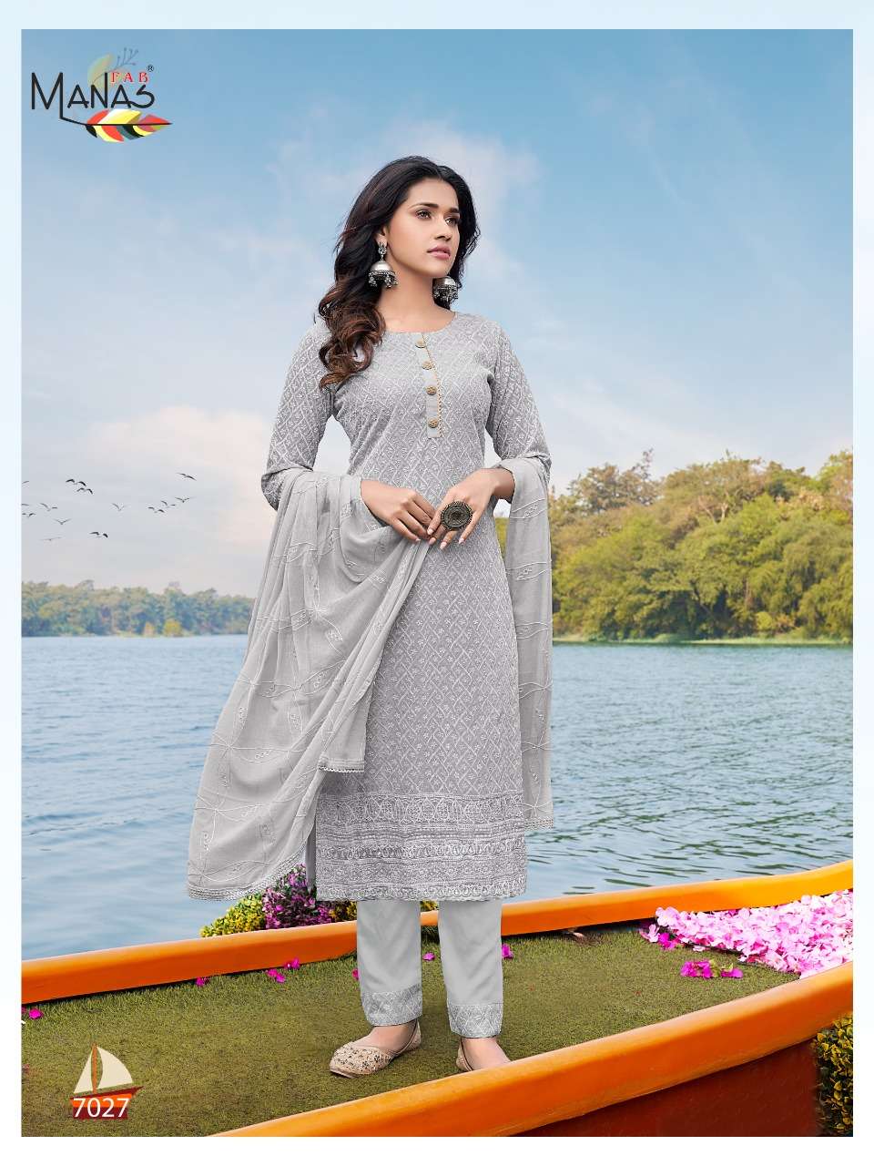 SCHIFFLI VOL-5 BY MANAS FAB 7025 TO 7030 SERIES BEAUTIFUL SUITS COLORFUL STYLISH FANCY CASUAL WEAR & ETHNIC WEAR GEORGETTE WITH SCHIFFLI WORK DRESSES AT WHOLESALE PRICE